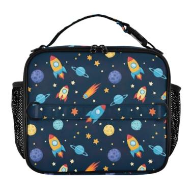 Imagem de Joisal Lancheira personalizada com desenho animado foguetes estrelas para mulheres meninas lancheira ajustável alça de ombro masculina crianças lancheira para trabalho bolsa isolada floral