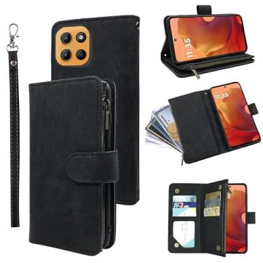 Imagem de Dibosom Capa carteira para Motorola G15 com cordão de pulso e couro vintage premium flip porta-cartão de crédito acessórios capa de celular para mulheres homens preto