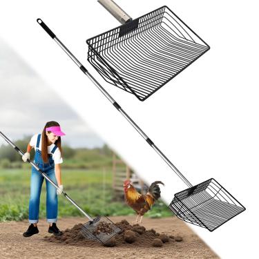 Imagem de SUIZWMOU Pá de cocô e peneiradora de galinha de 25 cm com alça ajustável de 5 estágios (68,5 cm a 170,2 cm), alça de aço inoxidável, pá de peneiramento de areia para galinheiro, fazenda, caneta de