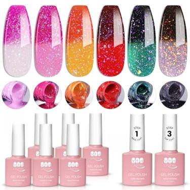 Imagem de YTD Likomey Conjunto de Verniz de Gel que Muda de Cor com Brilhos Colorido,6 Cores com Base e Top Coat Mudança de cor com a temperatura Gel Térmico UV