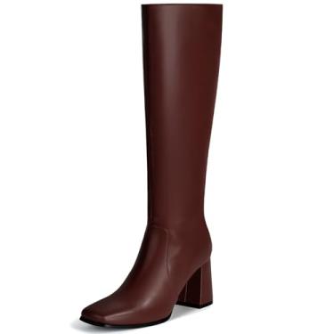 Imagem de Vipost Botas femininas de cano alto com bico quadrado de 8,5 cm, salto grosso, com zíper lateral, bota longa para outono e inverno 2025, Vinho, 6.5 Wide