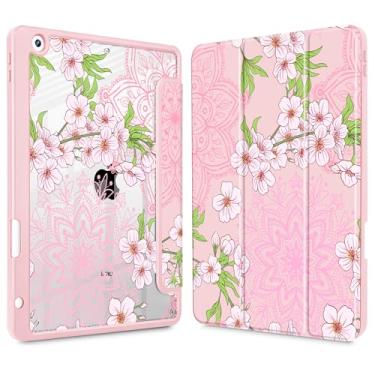 Imagem de Mektron Capa impressa para iPad de 10,2 polegadas 2021/2020/2019, para iPad 9ª/8ª/10ª geração, porta-lápis embutido com capa à prova de choque transparente + suporte de três dobras, flor Sakura - rosa