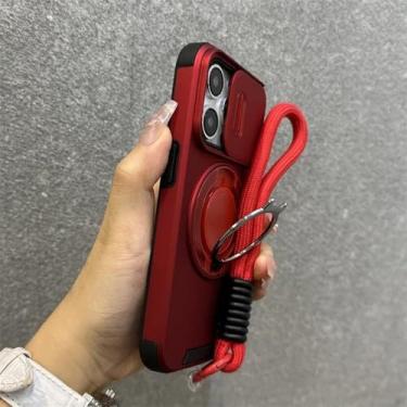 Imagem de Capa Armor com suporte magnético para iPhone 16e, 16, 14, 13, 12, 11, 15 Pro Max Plus, com cordão deslizante e proteção para câmera, à prova de choque, vermelha, para iPhone 13 ProMax