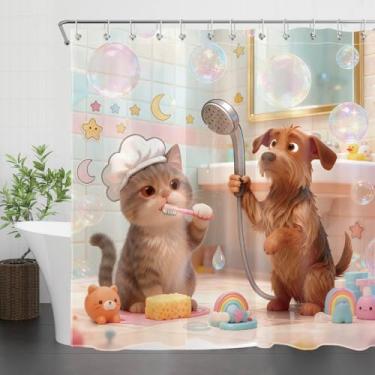 Imagem de NEONWE Cortina de chuveiro fofa de gato e cachorro, escova de dentes de animais engraçados, bolhas coloridas, cortinas de chuveiro de poliéster para banheiro, tecido impermeável exclusivo, decoração