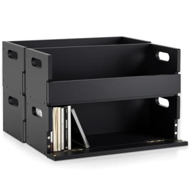 Imagem de CroBlissful Conjunto de 4 suportes de caixa de armazenamento de CD de madeira, prateleiras de fita cassete com alças de transporte, prateleira organizadora para capas de filmes, DVDs, cada conjunto