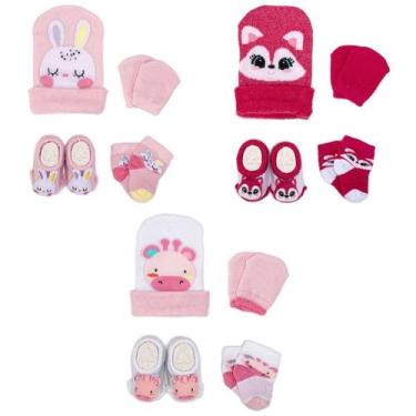 Imagem de Kit 3 Touquinhas Meias Luvas e Pantufas Bebê Recém-Nascido Menina Enxo