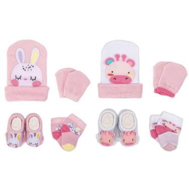 Imagem de 2 Conjuntos Bebê Menina Meias Toucas Luvas Pantufas Recém Nascido Enxo