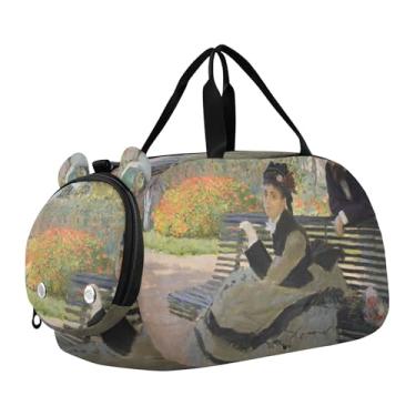 Imagem de Auguste Renoir Bolsa de viagem para meninas, pintura de piano, bolsa de viagem para crianças, bolsa de viagem para meninos, academia, bagagem infantil, Pintura a óleo Claude Monet Camille on a Bench