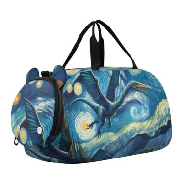 Imagem de Bolsa de viagem azul para meninas com bola de tênis, bolsa de viagem para o fim de semana, academia, bolsa de mão para meninos, céu estrelado pterossauro, Clássico