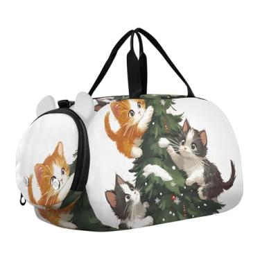 Imagem de Bolsa esportiva para meninos, lindo boneco de neve, inverno, fim de semana, para meninas, bolsa de viagem com alça de ombro, Árvore de Natal para gatos fofos, Clássico