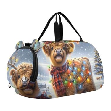 Imagem de Abóbora preta bruxa gato meninos bolsa esportiva infantil para fim de semana bolsas de viagem para meninas bolsa esportiva infantil, Luzes de vaca Highland de Natal, Clássico