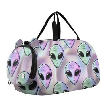 Imagem de Bolsa esportiva para meninos de fim de semana para noite com caras fofas de coala, amarelo claro, bolsas de viagem para meninas, compartimento para sapatos, Desenho animado alienígena olhos pretos