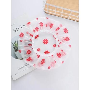 Imagem de 1 touca de banho estampada, linda touca de banho PEVA para banheiro decoração de casa de banho decoração de outono volta às aulas (pequena flor vermelha)