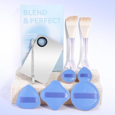 Imagem de Mistura de 9 peças e kit de maquiagem ideal – Puffs, pincéis de base, espelho e ferramenta, conjunto rosa para aplicação impecável (azul)