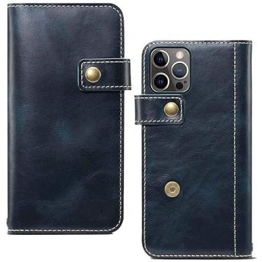 Imagem de CYSUE Capa para Apple iPhone 12 Pro (2020) 6,1 polegadas, capa de couro genuíno capa carteira magnética proteção stent função flip case [porta-cartão] (cor: azul)