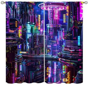 Imagem de VUMIVI Cortinas Gaming World Cyberpunk Cidade Futurista Luzes Neon Arranha-céus Tema de Ficção Científica Rod Pocket Tratamentos de Janela para Meninos Meninas Jogos Quarto Ficção Científica Tech Expo