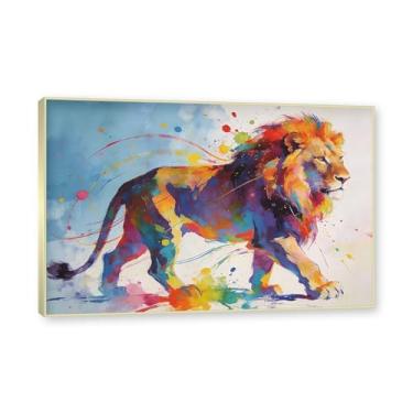 Imagem de NHLDZYH Moldura dourada. Pintura de leão colorida, impressão de arte abstrata vibrante, decoração de parede de animais selvagens e enérgicos, tela contemporânea moderna para quarto, academia, quarto