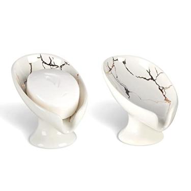 Imagem de ANTIS'S HOME Saboneteira 2Pack, Porta Sabonete de Cerâmica Autodrenante, Aparência de Mármore, Saboneteira Branca em Formato de Folha para Banheiro, Porta Sabonete em Barra, Fácil de Limpar, Mantém O