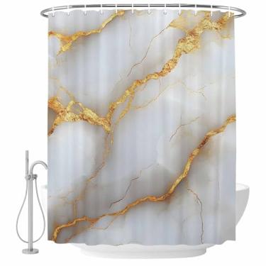 Imagem de Cortina de chuveiro com textura de mármore abstrata branca, linhas douradas, tecido impermeável, conjunto de cortinas de chuveiro, decoração de casa, lavável na máquina