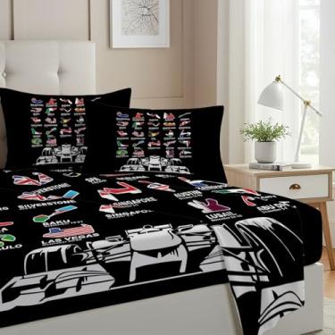Imagem de Allenjoy Track Kings Motorsport Series Jogo de lençol com elástico, lençol de cima e 1 fronha para meninos e homens, para decoração de quarto de berçário, lavável na máquina, durável, tamanho solteiro