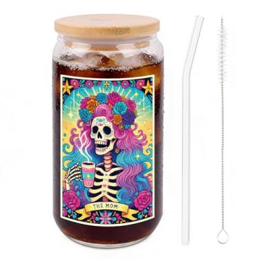 Imagem de AFRITEE Copos de vidro Skull Mom, copos de café de vidro de esqueleto gótico com tampas canudo e caixa de presente, copo de água de tarô floral colorido engraçado presente para decoração de escritório