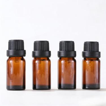 Imagem de Pacote com 4 frascos de vidro âmbar de 20 ml com tampa preta e tampa interna, recipiente de óleo essencial à prova de vazamento para viagens, rosa pura, portátil e reutilizável