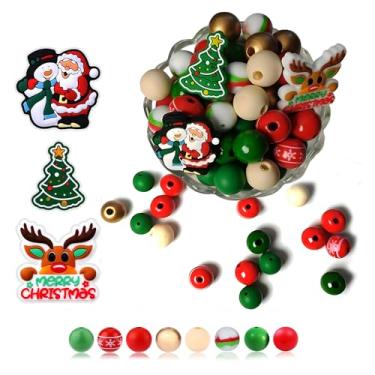 Imagem de Conjunto de 92 peças de contas de silicone e madeira de Natal com cordão e chaveiro – Contas redondas impressas festivas e pingentes focais para artesanato DIY, fabricação de joias, caneta com contas
