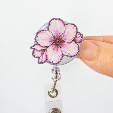 Imagem de Carretel de crachá de flor de pêssego rosa primavera, carretel de crachá de flor, etiqueta de identificação de enfermagem de enfermagem com cordão de nylon durável de 61 cm, porta-crachás de