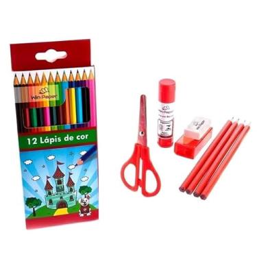 Imagem de Kit Escolar Completo com 12 Lápis de Cor, 4 Lápis Grafite, Tesoura, Cola, Borracha, Apontador, 9 Peças, Multicor