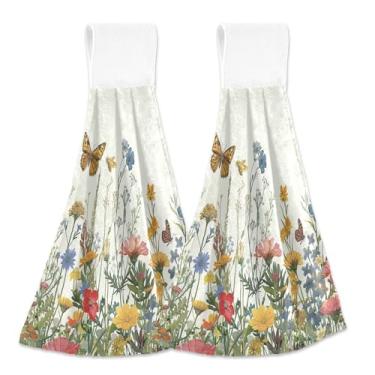 Imagem de xigua Conjunto de 2 toalhas de cozinha coloridas de flores silvestres, toalhas de cozinha macias e absorventes rápidas com laço para pendurar e adesivos mágicos, toalhas de mão de pano para pendurar