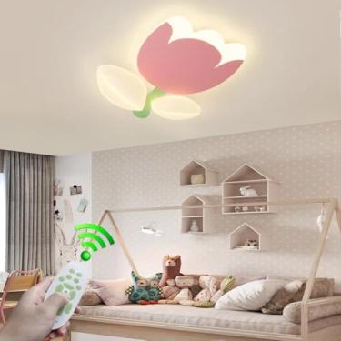 Imagem de Luminária de teto rosa em formato de pétala, LED, dimerizável, moderna, com controle remoto, 40W, lustre para quarto infantil, corpo em metal, adequada para sala de estar, escritório e resta