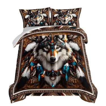 Imagem de HOSIMA Conjunto de edredom solteiro de lobo, estampa de tribo, animal para adolescentes, meninos, leve, fofo, com estampa de penas de lobo para crianças, com 2 fronhas.