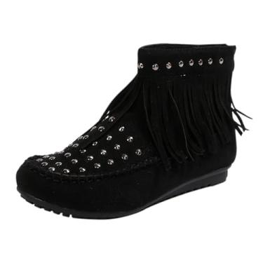 Imagem de Botas femininas casuais de inverno confortáveis cano baixo, com borla, bico redondo, salto baixo, salto grosso, Preto, 34