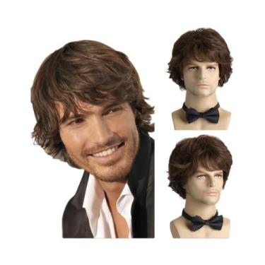 Imagem de Peruca Sintética Cacheada Marrom Para Homens, Curta, Em Camadas, Resis