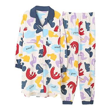 Imagem de HHHJQFAAT Pijama de outono feminino longo pijama manga longa gola virada para baixo pijama tamanho grande (azul 3X)