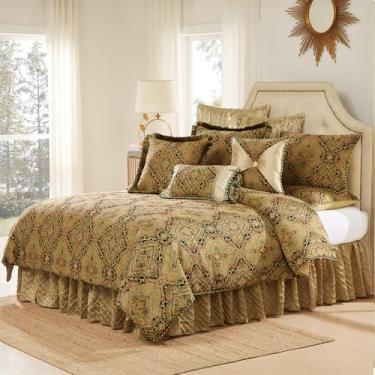 Imagem de Austin Horn Classics Conjunto de edredom acolchoado à mão Ravel – tamanho Queen 228,6 cm x 241,3 cm – detalhe de borda de cordão, forro de algodão, inclui 2 fronhas padrão – bronze/preto