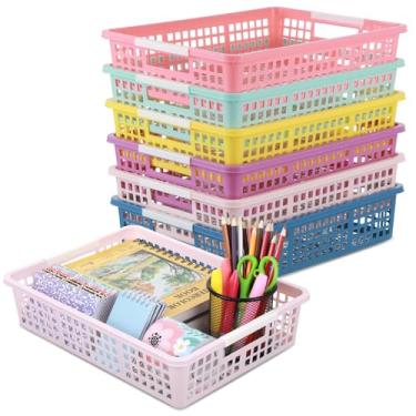 Imagem de gisgfim Pacote com 6 bandejas de papel de plástico para sala de aula, organizadores de cesta para escola, professores, sala de aula, escritório, casa, organização e bandeja de armazenamento, comporta