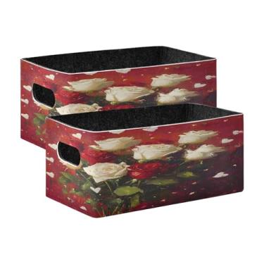 Imagem de xigua Conjunto de 2 caixas de armazenamento de rosas vermelhas e brancas, cubo de armazenamento dobrável, organizador de cestas de armazenamento para livros, prateleiras, armário, lavanderia, berçário
