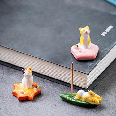 Imagem de Conjunto de 3, mini gatinho japonês fofo feito à mão, suporte de incenso de cerâmica ou suporte para queimador de incenso, bandeja adorável com tema de animal para decoração de casa, ioga, spa