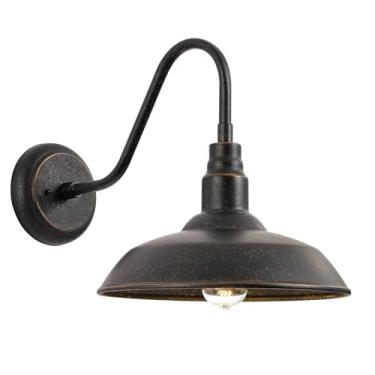 Imagem de GOALPLUS Luminária externa pescoço de ganso, cúpula de 25,4 cm luzes externas de fazenda para celeiro, iluminação de varanda de bronze, arandela de parede pescoço de ganso para pátio garagem casa