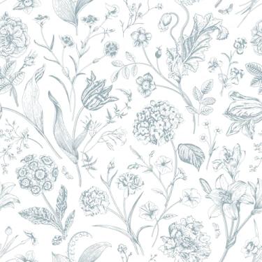 Imagem de VEELIKE Sketch Papel de parede floral azul e branco para papel de parede floral vintage para quarto de berçário 48 x 39 cm, papel de parede removível para banheiro, papel de contato autoadesivo para