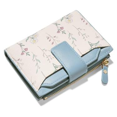 Imagem de Carteira pequena feminina com bloqueio de RFID, carteira compacta de couro vegano floral dobrável com bolso com zíper, janela para identidade, Azul, 4.92 x 3.94 x 1.38 inches, Clássico