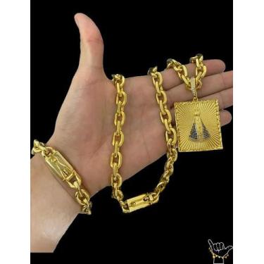 Imagem de Corrente Cadeado 12mm + Pulseira Pingente Banhados a Ouro - Tojoia18K,