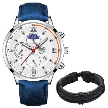 Imagem de Relógio Masculino De Pulso + Pulseira de Couro DEYROS, Azul e Prateado