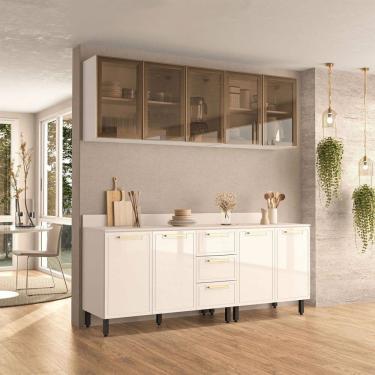 Imagem de Cozinha Compacta Amara 9 Portas 3 Gavetas com Vidro Branco - Politorno