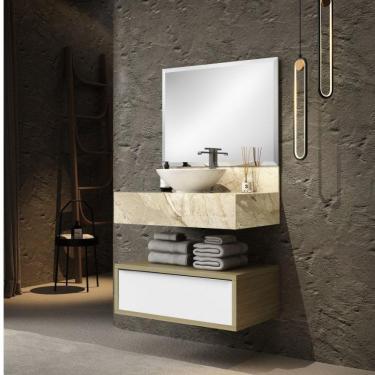 Imagem de Conjunto 80cm para Banheiro com Espelho,  Gaveteiro,  Bancada em Porcelanato e Cuba de Louça Bumi Travertino