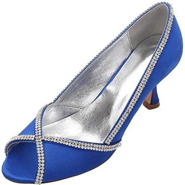 Imagem de Vestido feminino Peep Toe strass salto gatinha sapatos de noiva slip on pump festa noite, Azul, 9.5