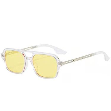 Imagem de Óculos de Sol Quadrado Retro Pontes Duplas Moda Feminina Lentes Oceânicas Claras Tons UV400 Homens Tendência Óculos de Sol Oco de Metal, Amarelo Transparente, Como a imagem