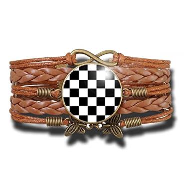 Imagem de Pulseira Feminina Xadrez Quadriculado Preto e Branco Ajustável