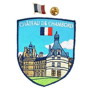Imagem de A-ONE Pacote com 2 peças - Emblema de ponto de referência Château de Chambord + broche de lapela com bandeira da França, arquitetura de estilo renascentista, parque nacional, patch de série de pontos de referência, ótima opção de presente para decoração de roupas Nº 302P